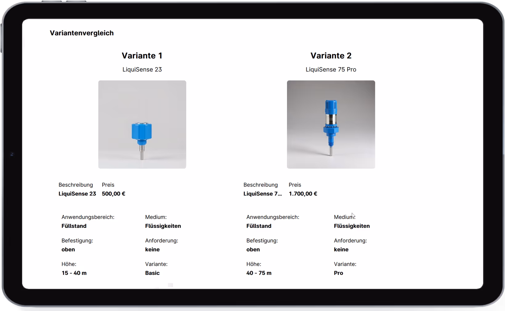 Requirement Analyser. Auf der linken Seite befindet sich der KI-Chat und die Filteroptionen mit Begründung, welche durch den Chat automatisch gewählt werden und auf der rechten Seite befinden sich die daraufhin ausgewählten Produkte.